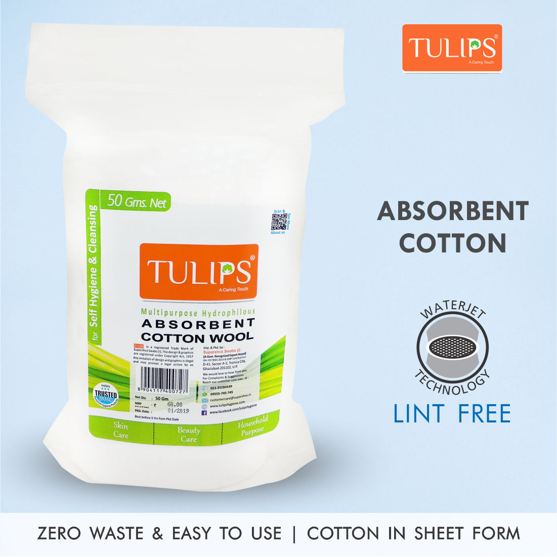 Tulips Absorbent Soft Cotton Wool/Roll - For Makeup Remover, Beauty, Adult  & Baby Care Disposable Cotton, 100 g