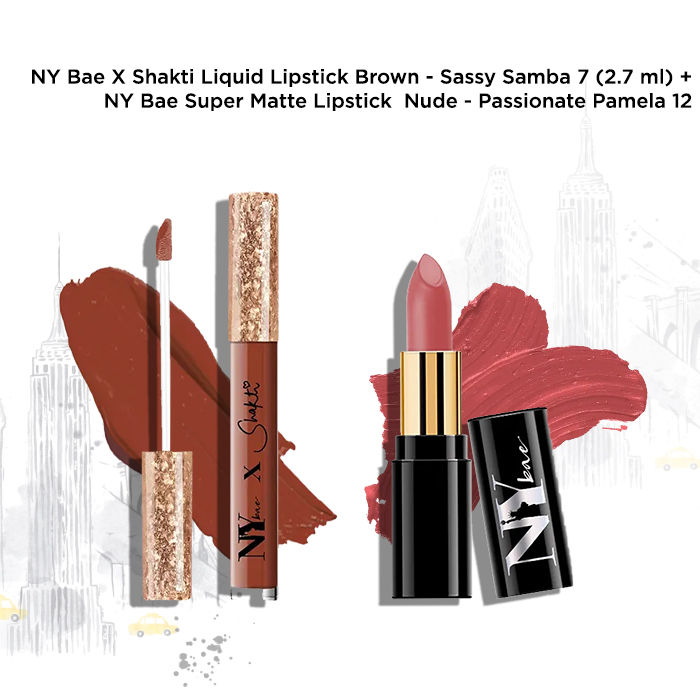 Buy NY Bae X Shakti Liquid Lipstick Brown - Sassy Samba 7 (2.7 ml) + NY Bae Super Matte Lipstick Nude - Passionate Pamela 12 - Purplle