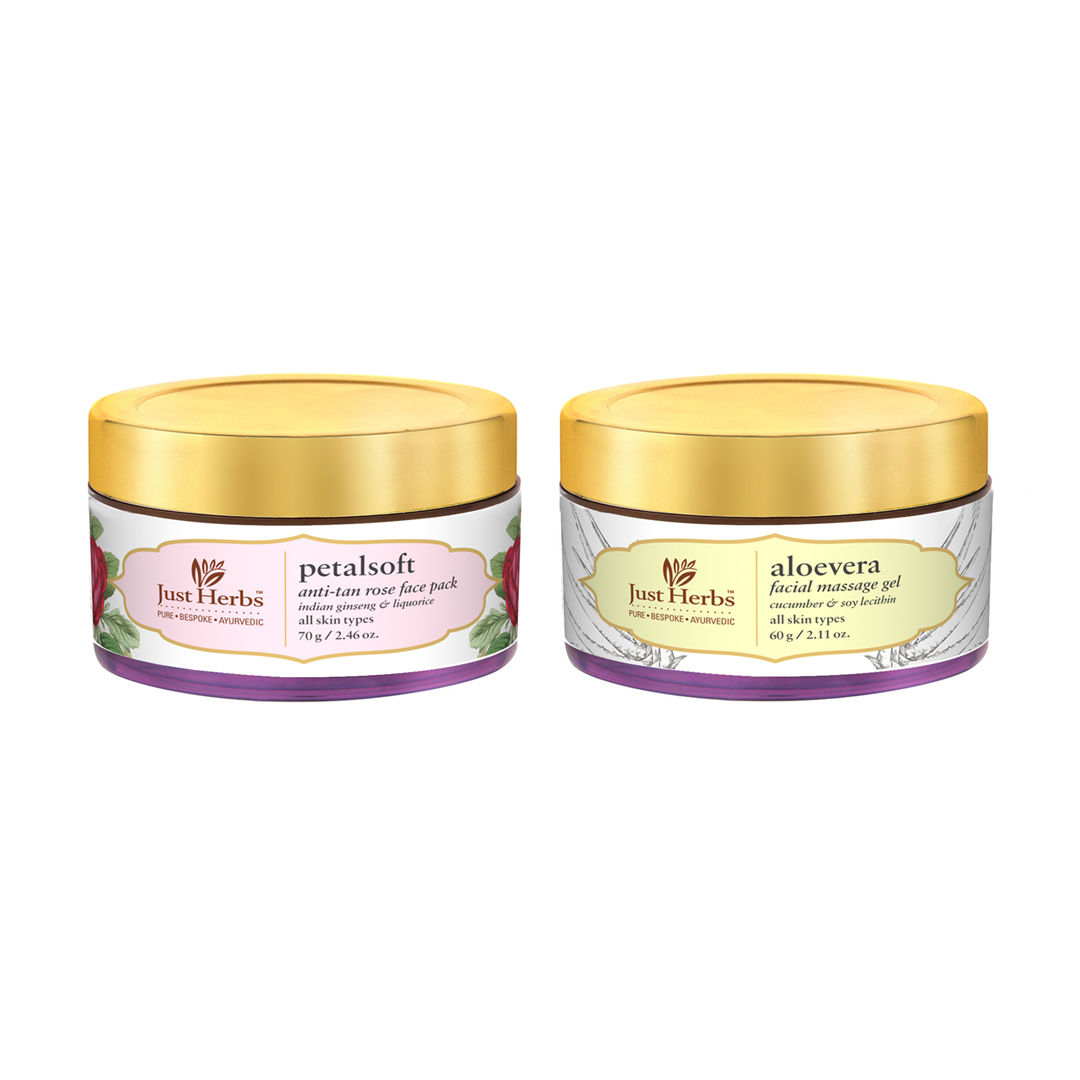 Buy Just Herbs Value Pack: Aloe Vera Face Gel + Petalsoft Anti-Tan Rose Face Pack - Purplle