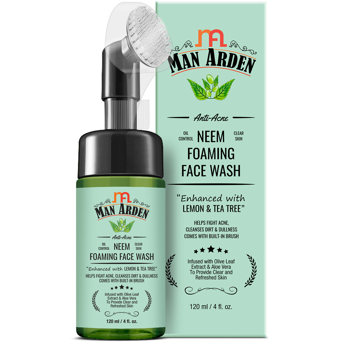 Buy Man Arden Anti-Acne Neem Foaming Face Wash with Built-in Brush - Helps Fight Acne, Cleanses Dirt And Dullness - Infused With Olive Leaf Extract And Aloe Vera (120 ml) - Purplle