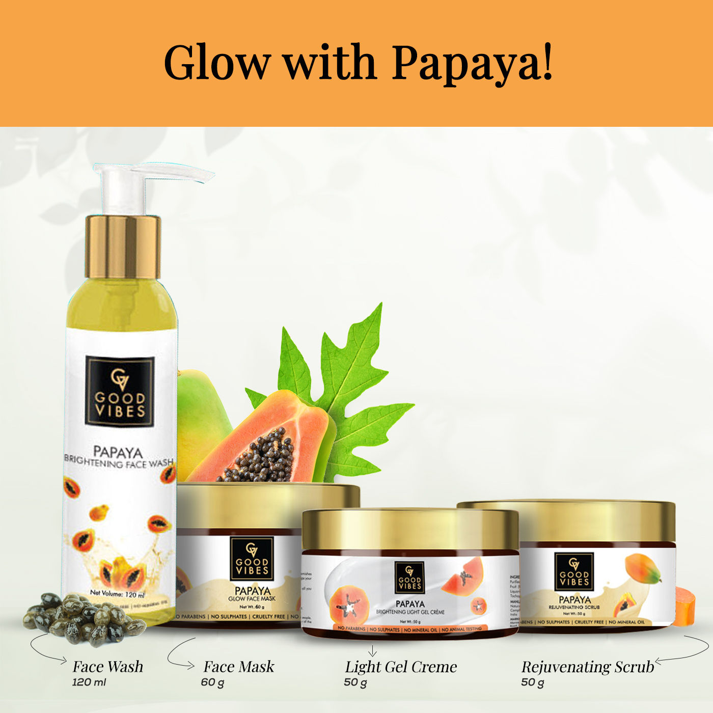 Buy Good Vibes Glow-with-Papaya Combo (Papaya Face Wash 120 ml + Papaya Face Scrub 50 g + Papaya Face Mask 60 g + Papaya Light Gel Cream 50 g) - Purplle