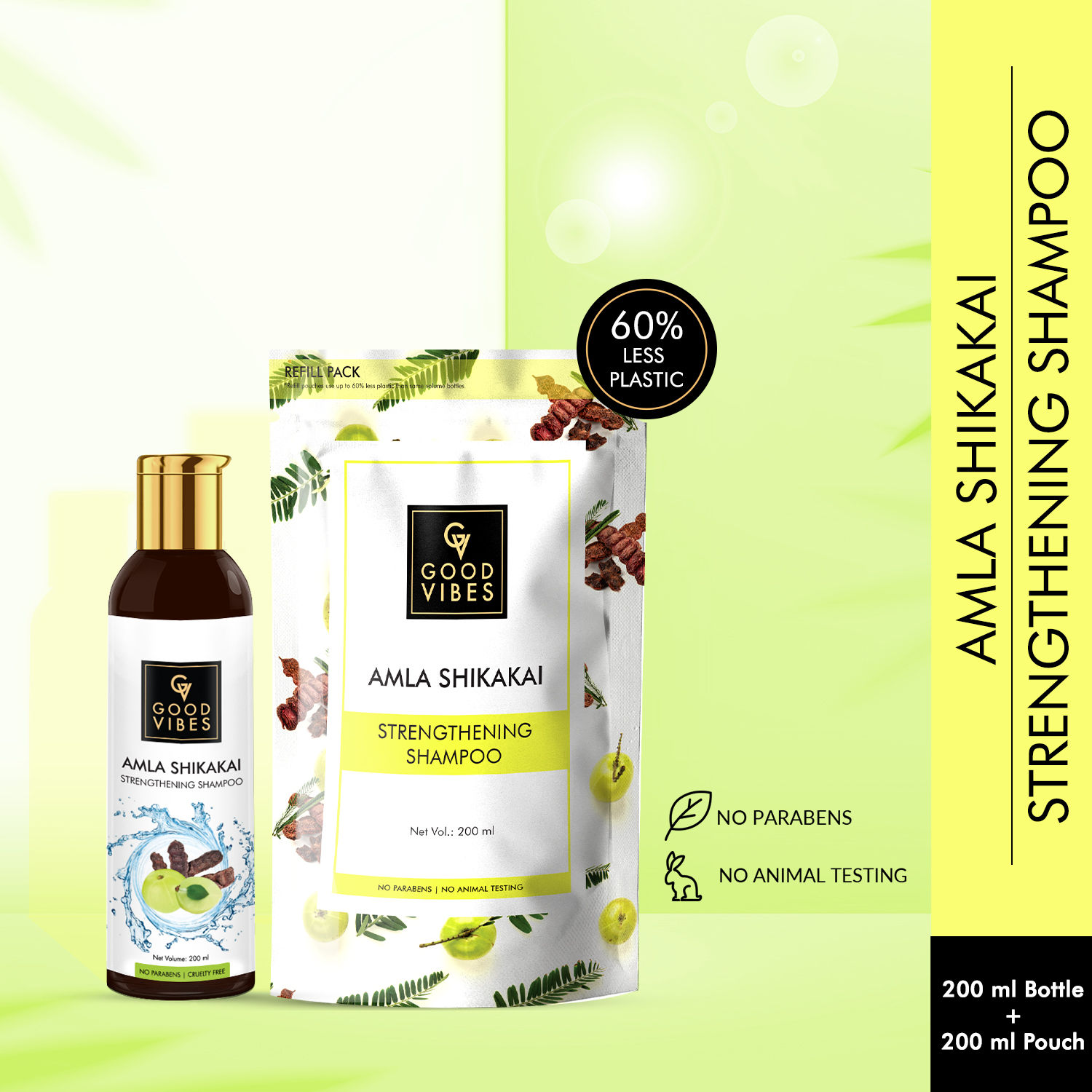 Buy Good vibes strengthening Amla Shikakai shampoo Combo (200 ml Bottle + 200 ml Pouch) - Purplle