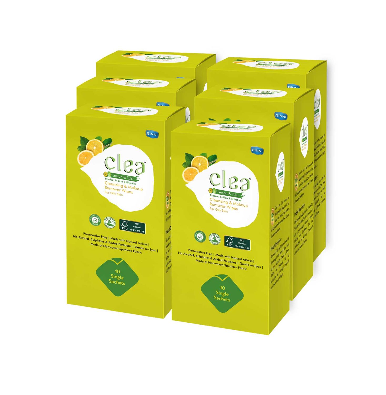 Buy Clea Cleansing & Makeup Remover Wipes Lemon & Tulsi (10 Wipes per pack) Pack of 6 - Purplle