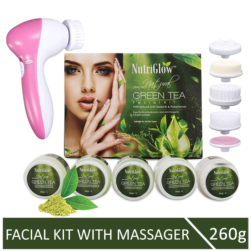 Buy NutriGlow Ultra Rich Natural Green Tea Facial Kit For Fights Signs of Ageing (250 gm) With 5-in-1 Face Massager - Purplle