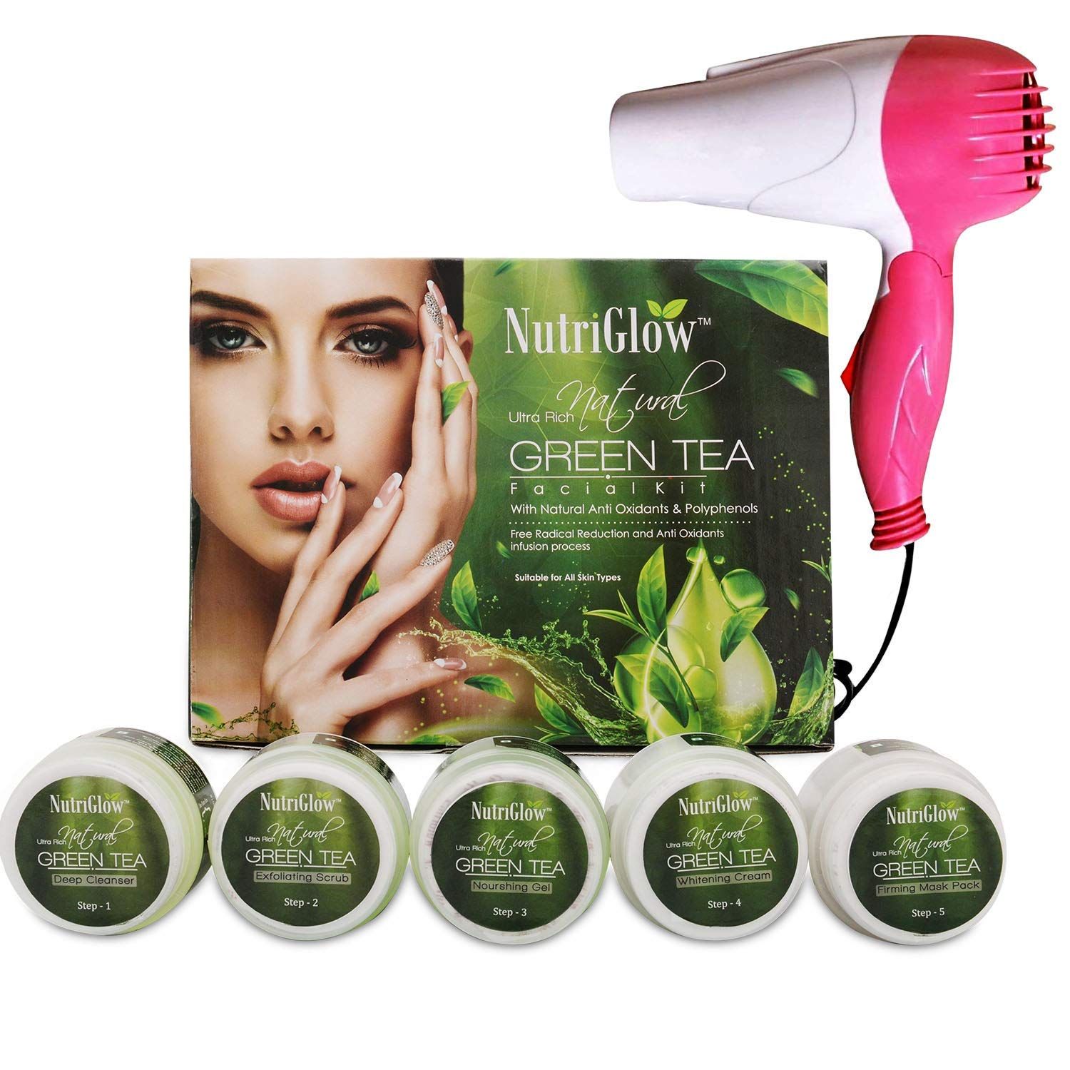Buy NutriGlow Ultra Rich Natural Green Tea Facial Kit For Fights Signs of Ageing, Radiant and Nourished Gives, Glowing Skin (250g) With Blue Hair Dryer - Purplle