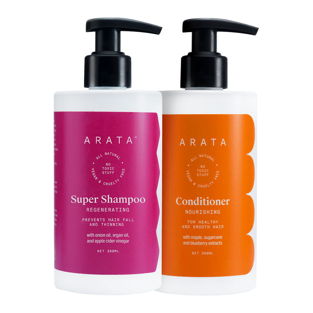 Buy Arata Hair Fall Control Combo with Onion Oil, Argan Oil & Bhringraj || Power of 5 in 1 Super Shampoo (600 Ml) and Conditioner || All-Natural, Vegan & Cruelty-Free - Purplle