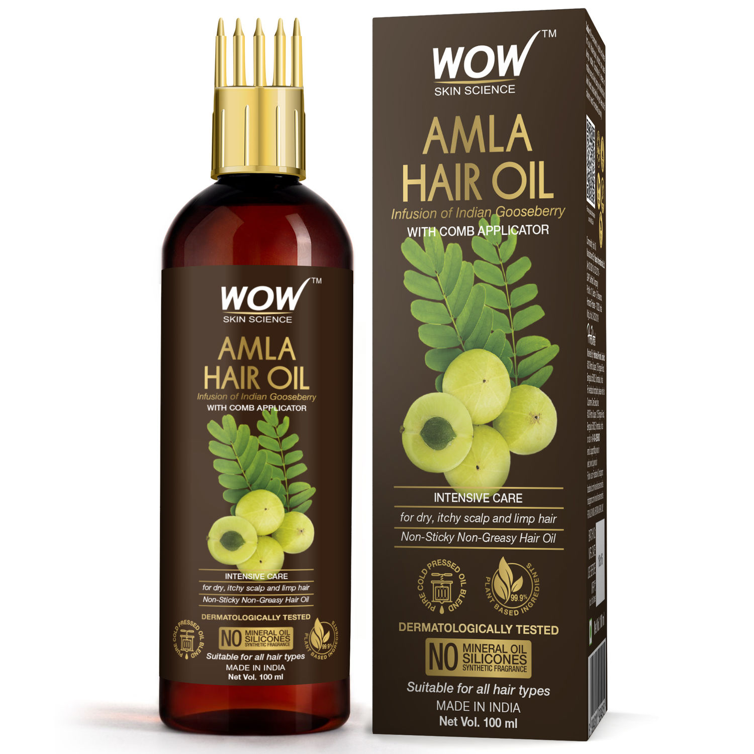 Buy WOW Skin Science Amla Hair Oil - Pure Cold Pressed Indian Gooseberry Oil - Intensive Hair Care - with Comb Applicator - Non-Sticky & Non-Greasy - No Mineral Oil, Silicones, Synthetic Fragrance - 100mL - Purplle