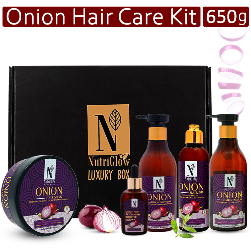 Buy NutriGlow NATURAL'S Onion Combo of 5: Hair Shampoo (300ml)/ Hair Conditioner (300ml)/ Hair Oil (100ml)/ Hair Mask (200gm) & Hair Re-Growth Booster (50ml) - Purplle