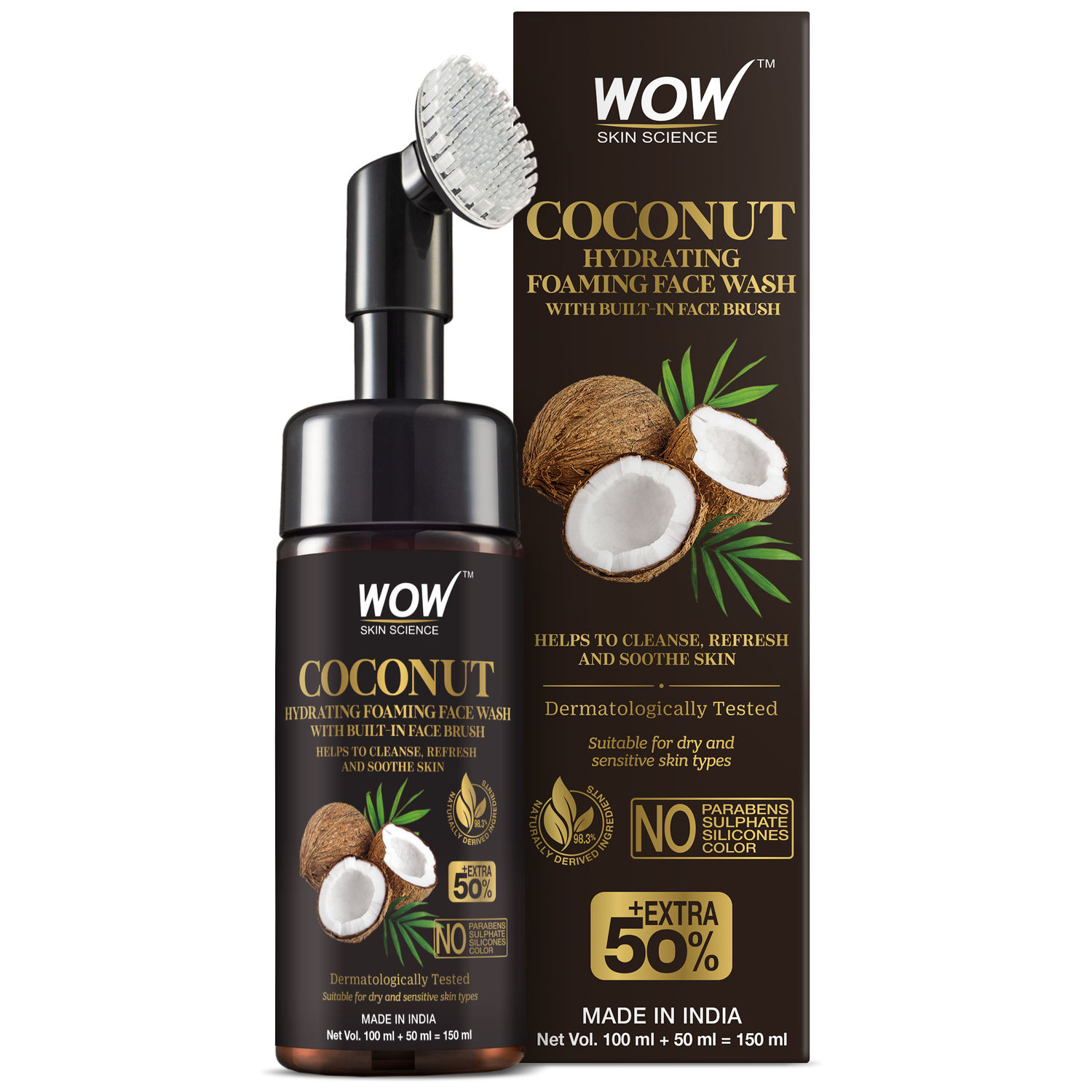 Buy WOW Skin Science Coconut Hydrating Foaming Face Wash with Built-In Face Brush - 150 mL - Purplle