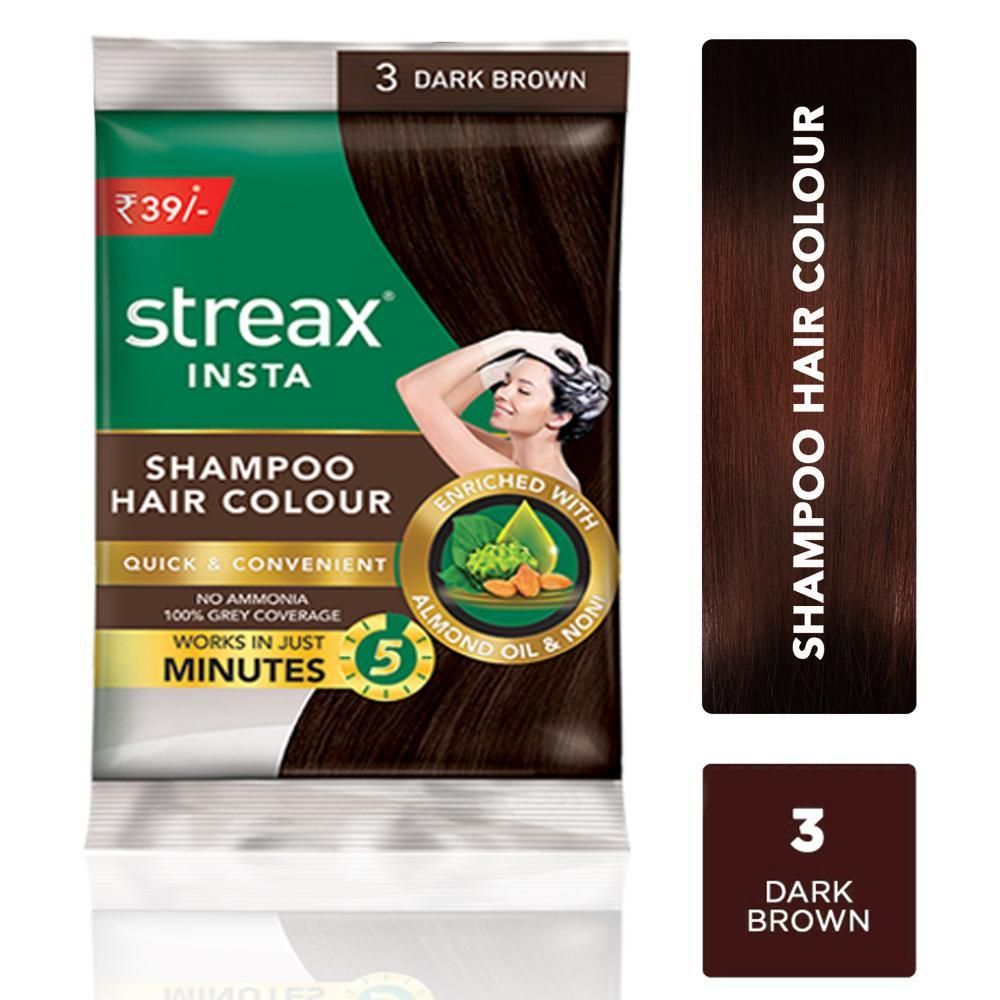 Buy Streax Insta Shampoo Hair colour for 100% Grey Coverage, Dark brown, 25 ml - Purplle