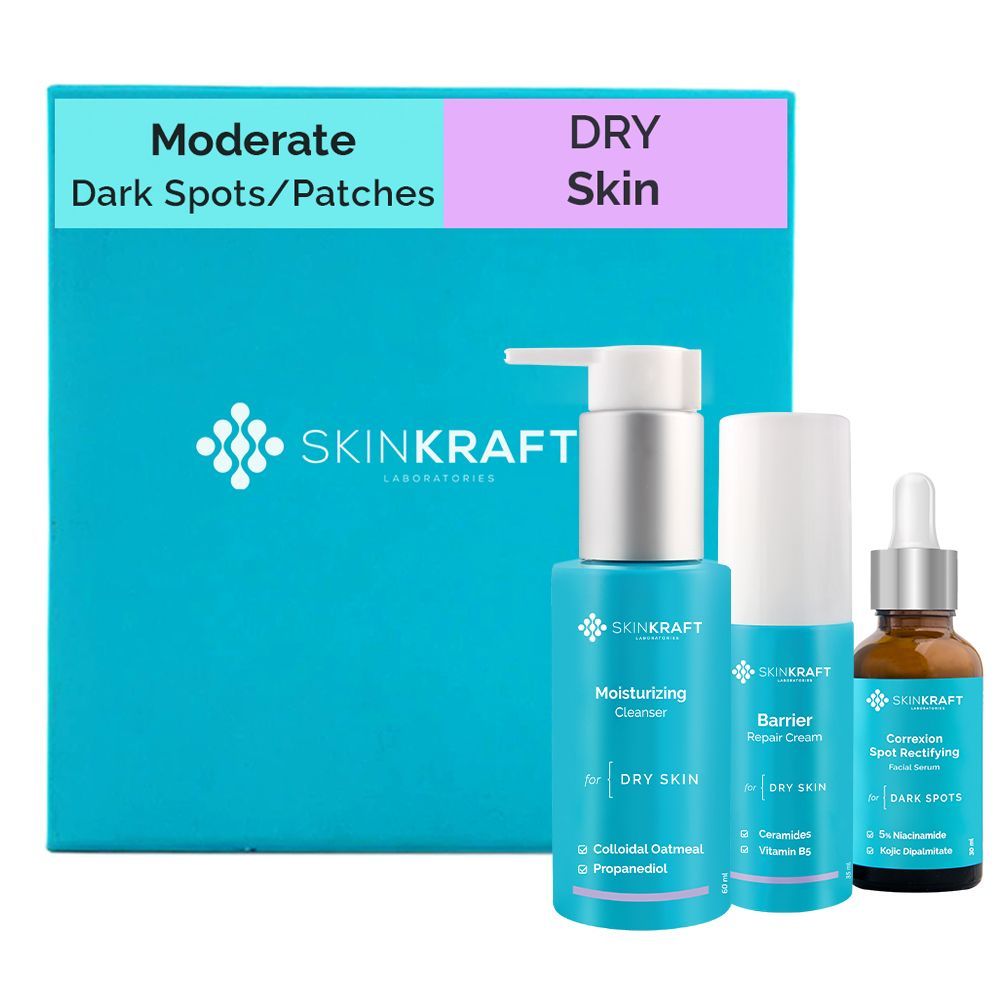 Buy SkinKraft Moderate Dark Spots - Dark Patches Skincare For Dry Skin - Customized Skincare Kit - 3 Product Kit- Dry Skin Cleanser + Dry Skin Moisturizer + Moderate Dark Spots - Dark Patches Active Serum - Dermatologist Approved - Purplle