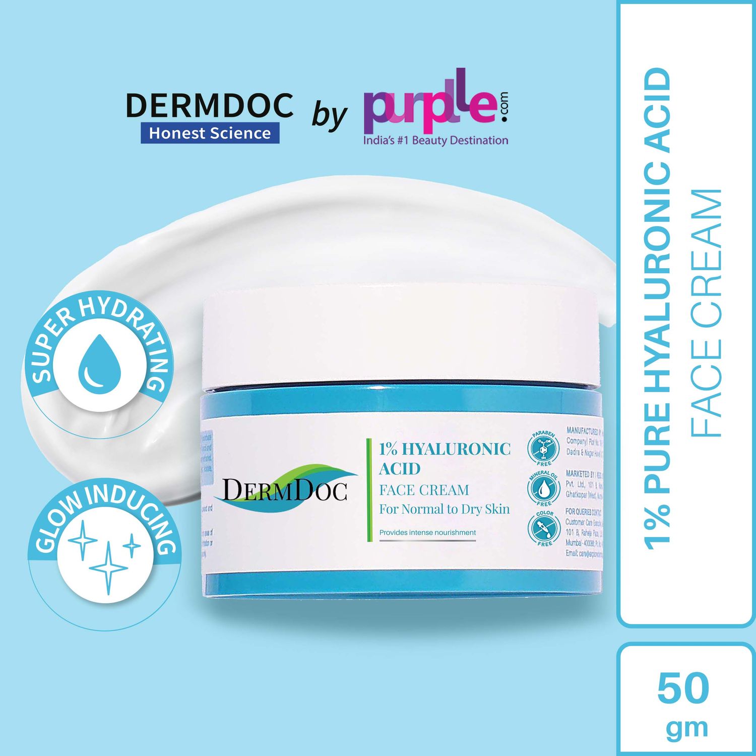 Buy DermDoc by Purplle 1% Pure Hyaluronic Acid Moisturizing Face Cream (50g) | hyaluronic acid moisturizer | hyaluronic acid cream - Purplle