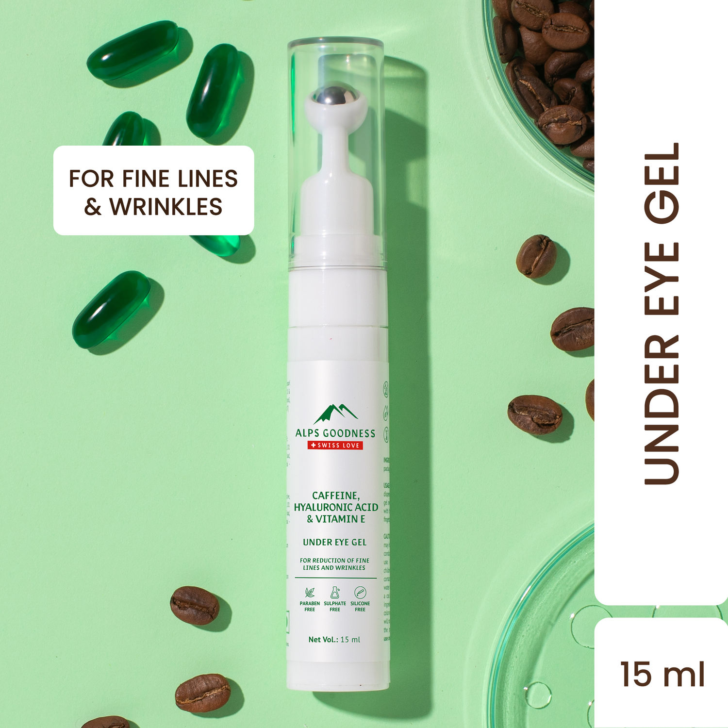 Buy Alps Goodness Caffeine, Hyaluronic acid & Vitamin E Under Eye Gel for Reduction of Fine Lines & Wrinkles (15 ml) | with Cooling Roll On Applicator | Sulphate Free, Silicone Free, Paraben Free, Fragrance Free, Mineral Oil Free | Light textured - Purplle