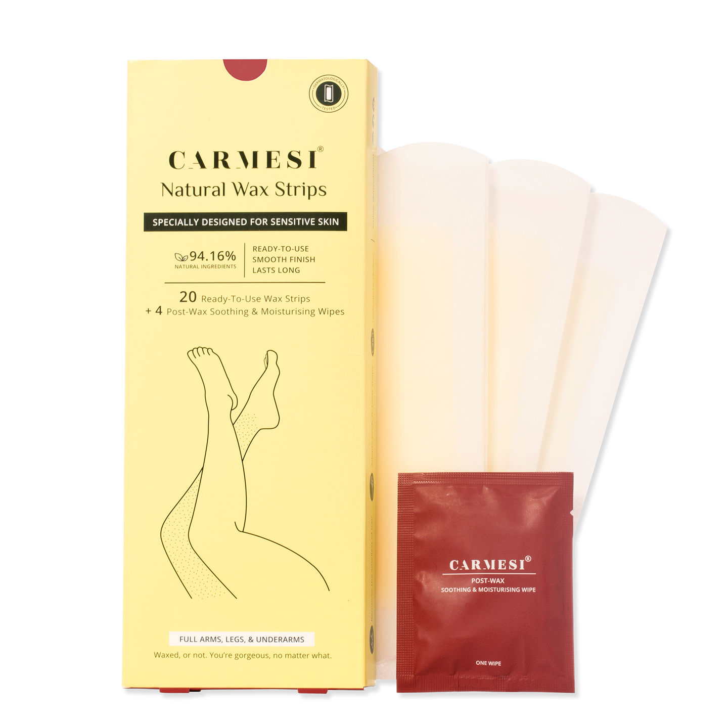 Buy Carmesi Natural Body Wax Strips (Gentle on All Skin Types - 94.16% Natural) - 20 Wax Strips + 4 Post-Wax Wipes - Purplle