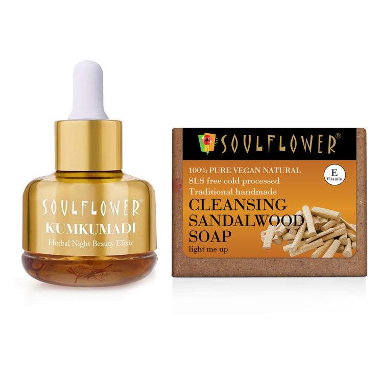 Buy Soulflower Kumkumadi Oil & Cleansing Sandalwood Soap Monthly Regime - Purplle