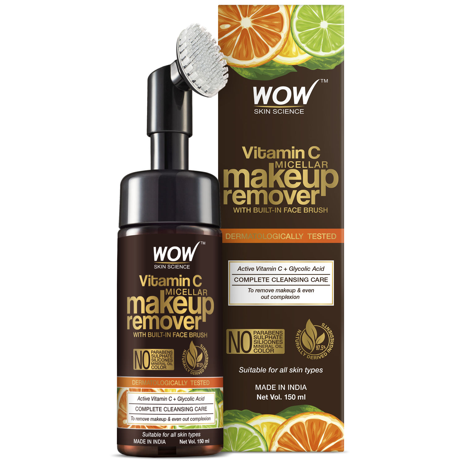 Buy WOW Skin Science Vitamin C Makeup Remover With Built-In Face Brush (MICELLAR) - No Parabens, Sulphate, Silicones, Mineral Oil, Color - 150mL - Purplle