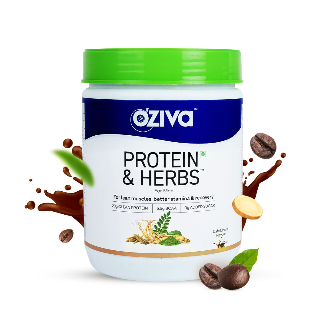 Buy OZiva Protein & Herbs, Men (23g Whey Protein, 5.5g BCAA & Ayurvedic herbs like Ashwagandha, Chlorella & Musli) for Better Stamina & Lean Muscles, Cafe Mocha, 500g - Purplle
