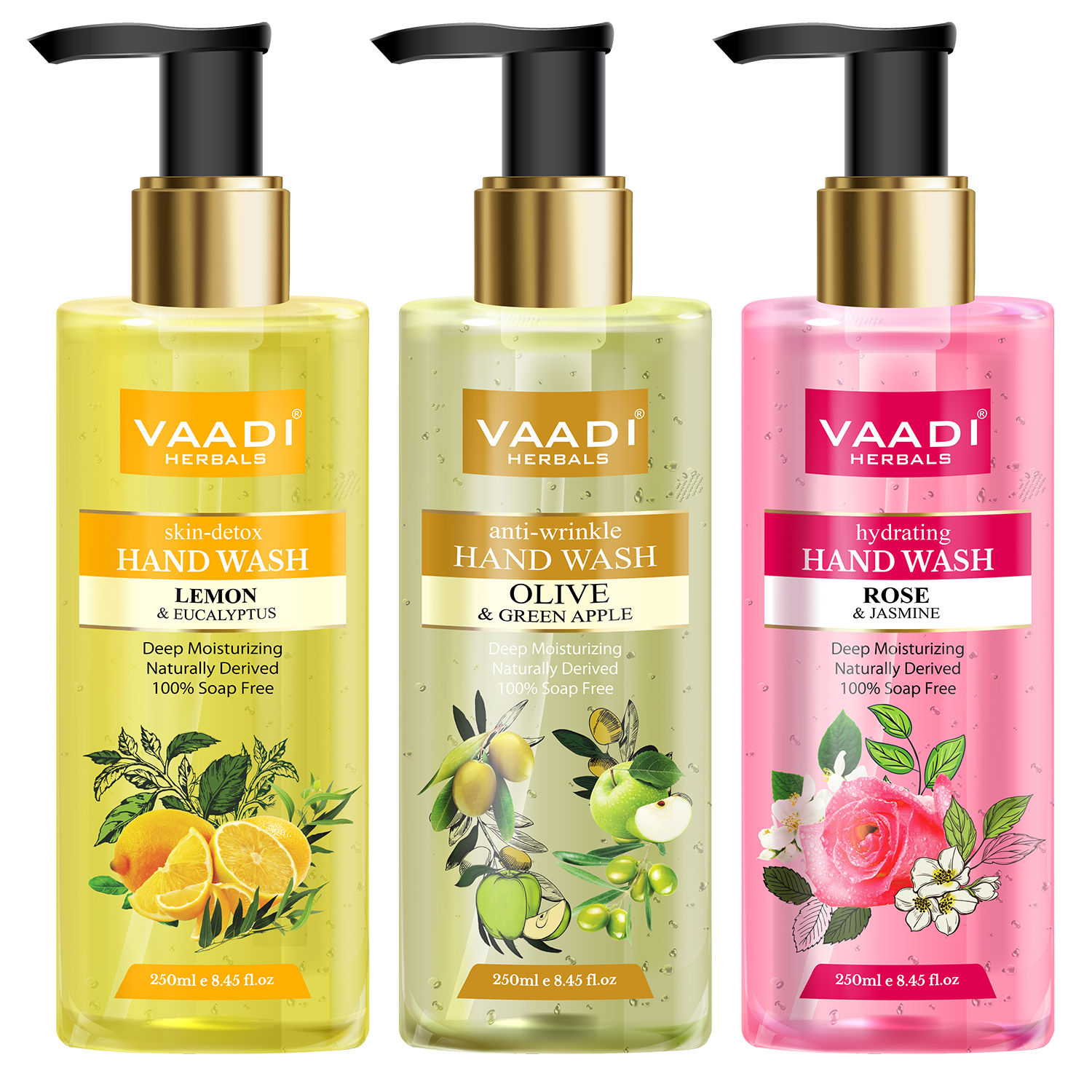 Buy Vaadi Herbals Pack of 3 Luxurious Handwash - Lemon & Eucalyptus, Olive & Green Apple, Rose & Jasmine (250 ml x 3) - Purplle