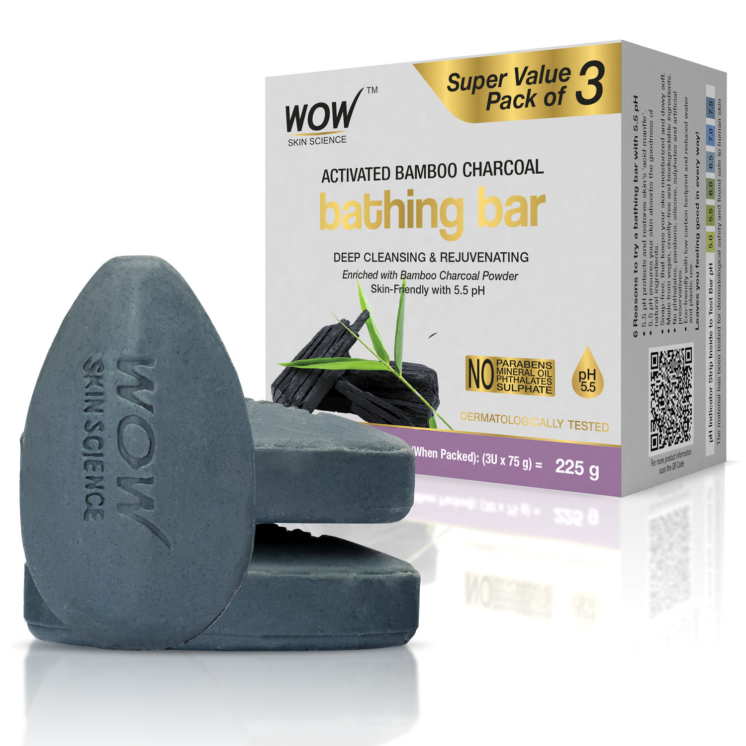 Buy WOW Skin Science Activated Bamboo Charcoal Bathing Bar For Deep Cleansing The Skin - Suitable for All Skin Types - No Phthalates, Parabens, Silicone, Sulphates, Dermatologically Tested - 225 g - Purplle