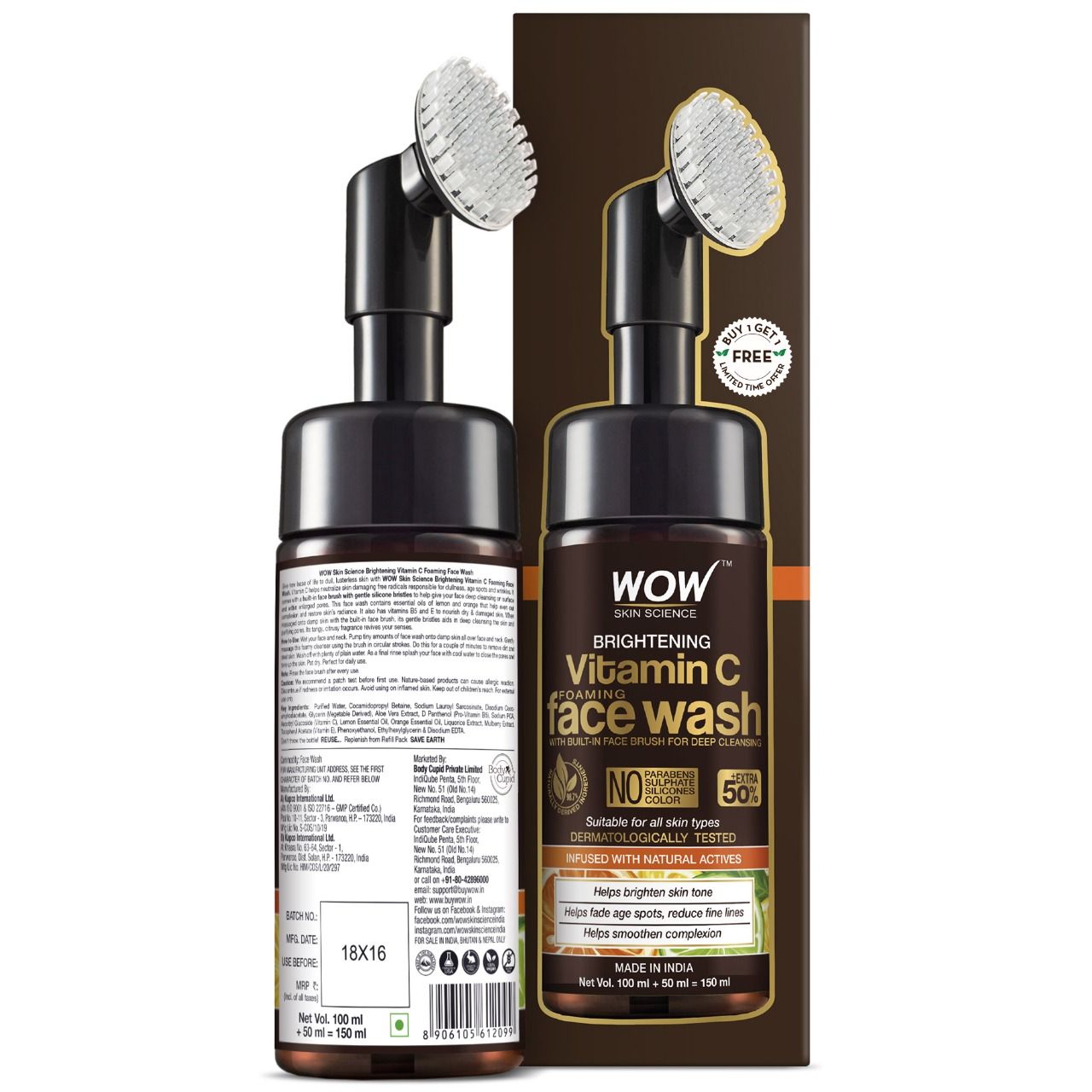 Buy WOW Skin Science Brightening Vitamin C Foaming Face Wash With Built-In Face Brush (150 ml) BOGO - Purplle