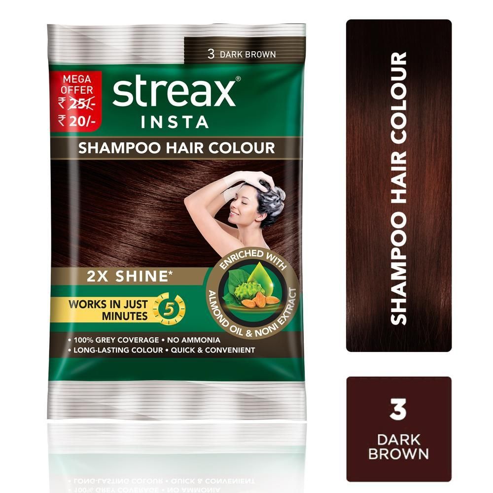 Buy Streax Insta Shampoo Hair colour for 100% Grey Coverage, Dark Brown, 18 ml - Purplle