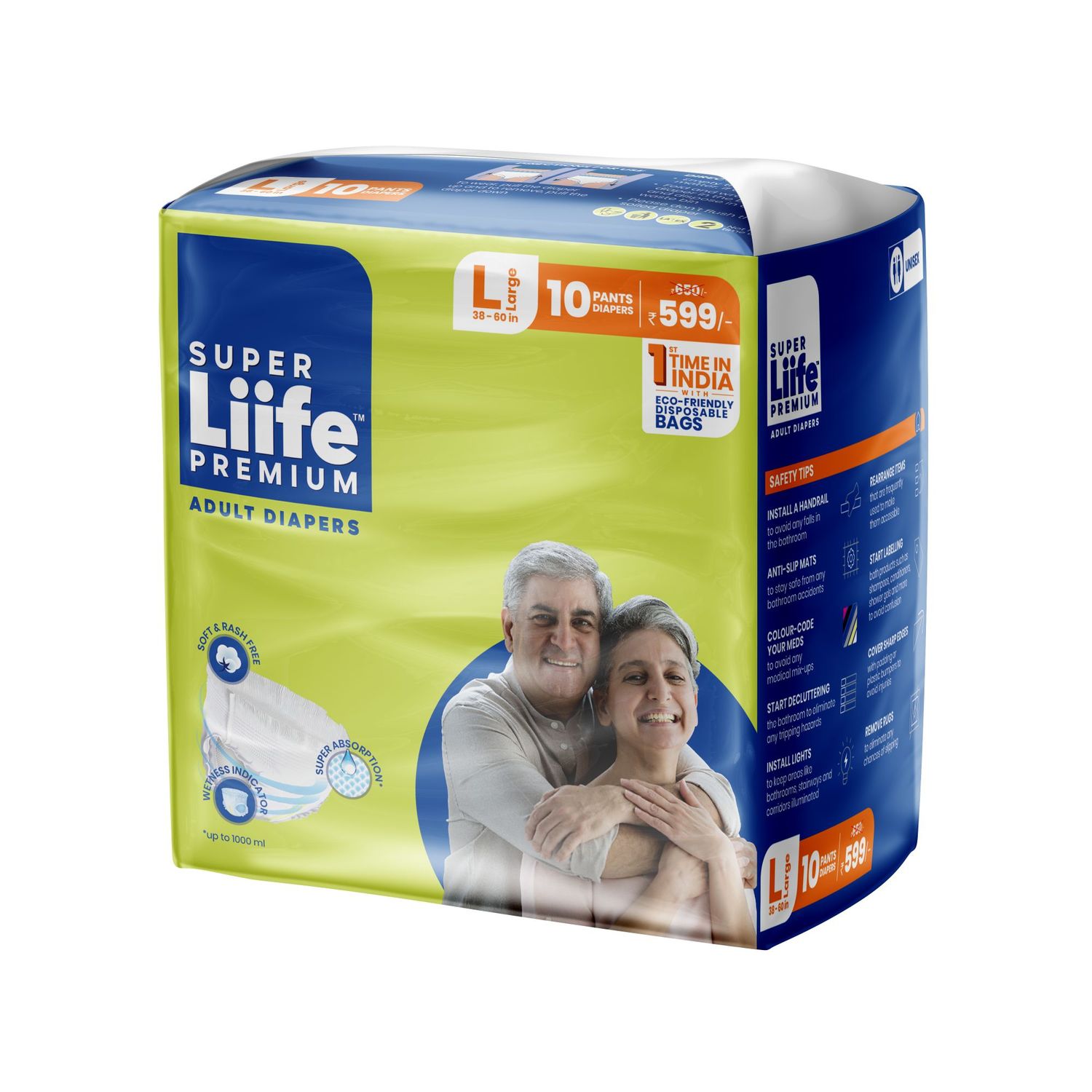 Buy Super Liife Rash Free Adult Diapers (Pants Style) - 10 Count (Large) with Wetness Indicator and Disposable bags- Waist Size 38-60 inch ; 96-152 cm - Purplle