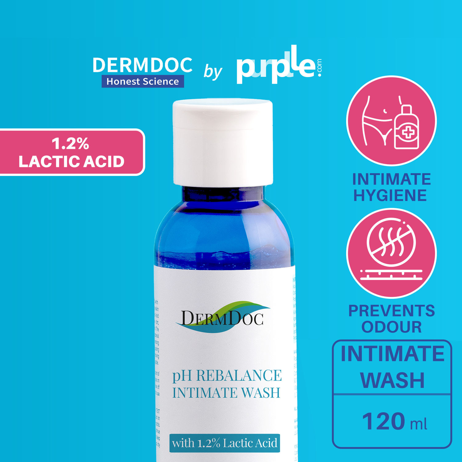 Buy DERMDOC by Purplle pH Rebalance Intimate Wash with 1.2% Lactic Acid (120ml) | intimate hygiene expert | feminine wash for odor, ph balance | chemical free - Purplle