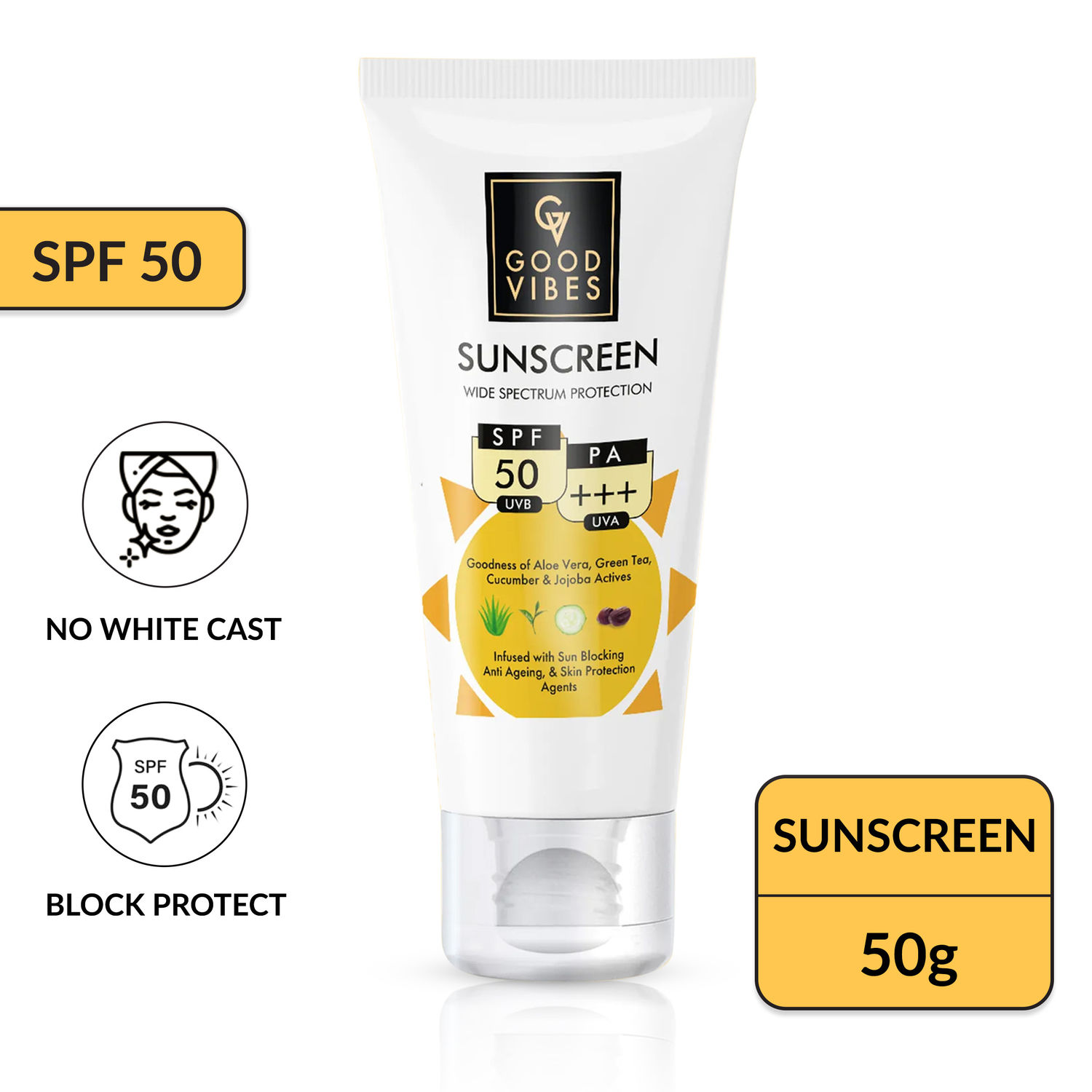 Buy Good Vibes Wide Spectrum Protection Sunscreen with SPF 50 | With Aloe Vera, Cucumber, Green Tea & Jojoba | Non-Greasy, For All Skin Types | 50 g - Purplle