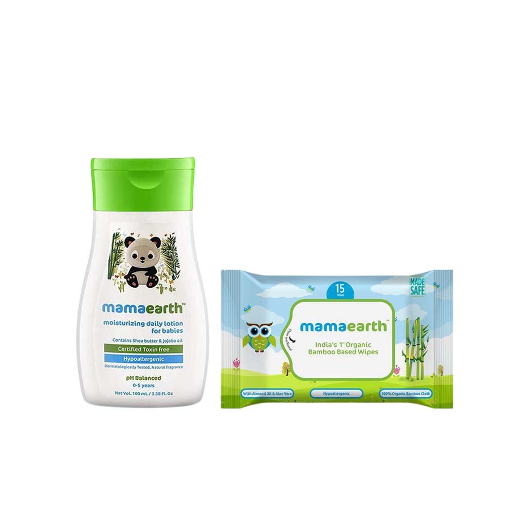 Buy Mamaearth Moisturizing Body Lotion For Babies And Wipes Travel Pack - Purplle