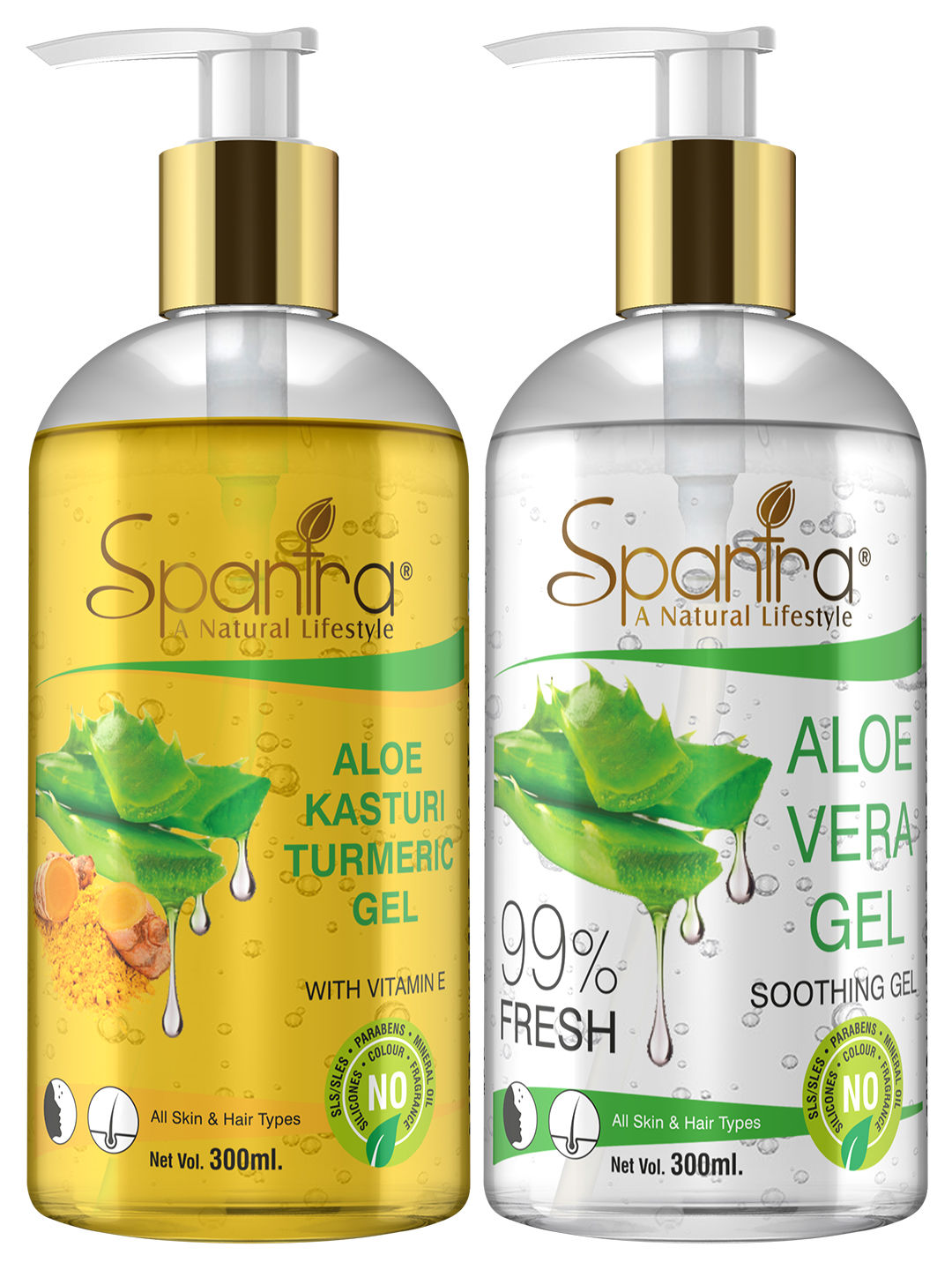 Buy Spantra Aloe Vera Multi Purpose Gel and Kasturi Turmeric Gel, 300ml each, Pack of 2 - Purplle