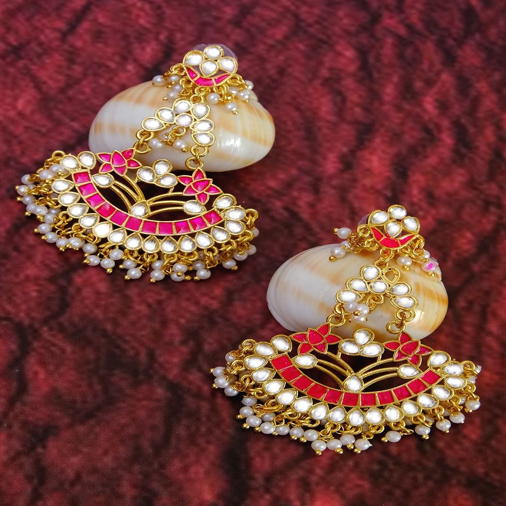 Crunchy Fashion Designer Studded Gold Plated KundanPink Earrings With White Pearls RAE1037