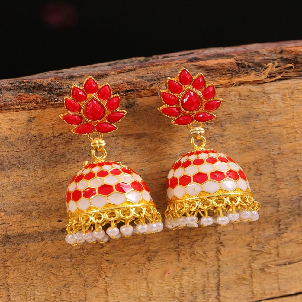 Gold-Plated Stones Studded Meenakari Jhumka Earrings in Maroon and Whi –  Priyaasi