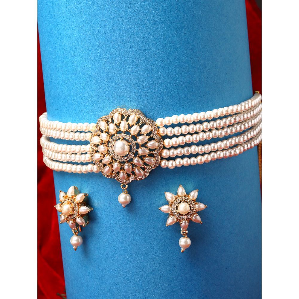 Zeneme Gold-plated White Pearl Studded Floral Pendant With