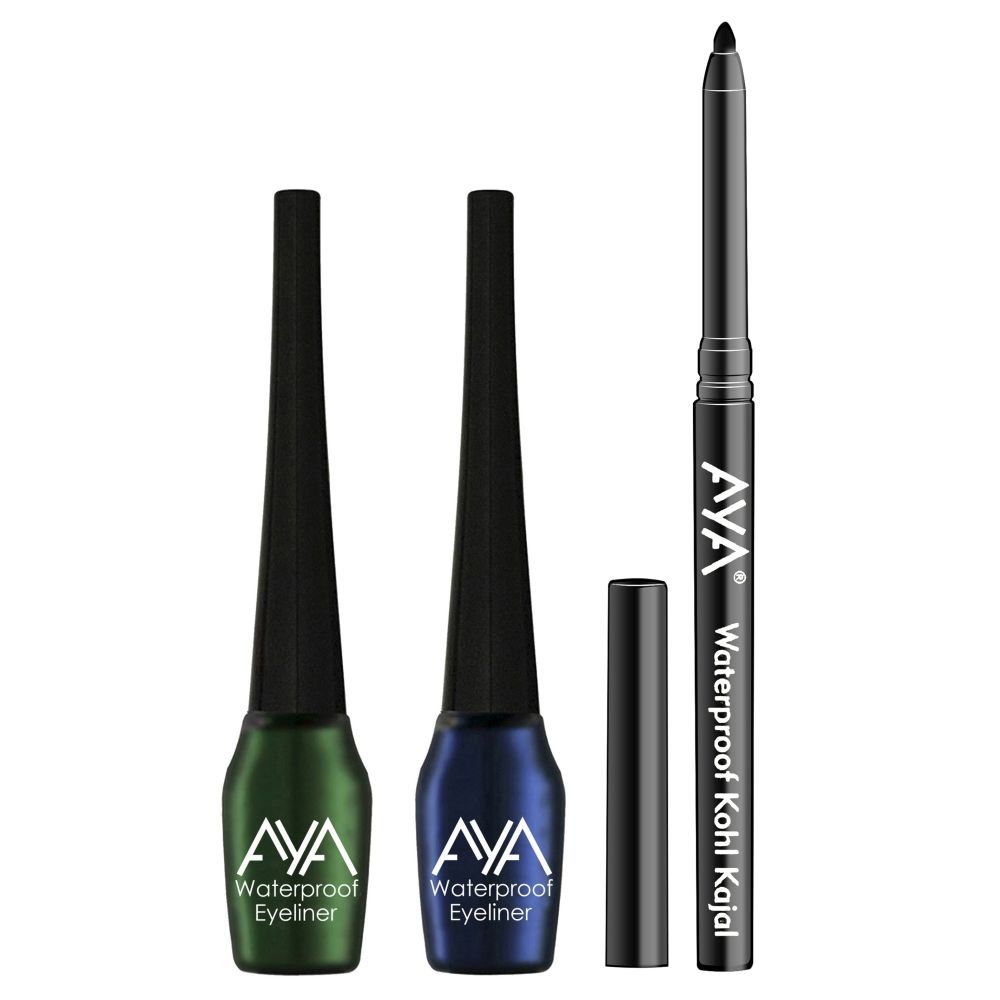 Buy AYA Waterproof Liquid Eyeliner, Set of 2 (Green and Blue), 5 ml each + Jet black Waterproof Kohl Kajal - Purplle