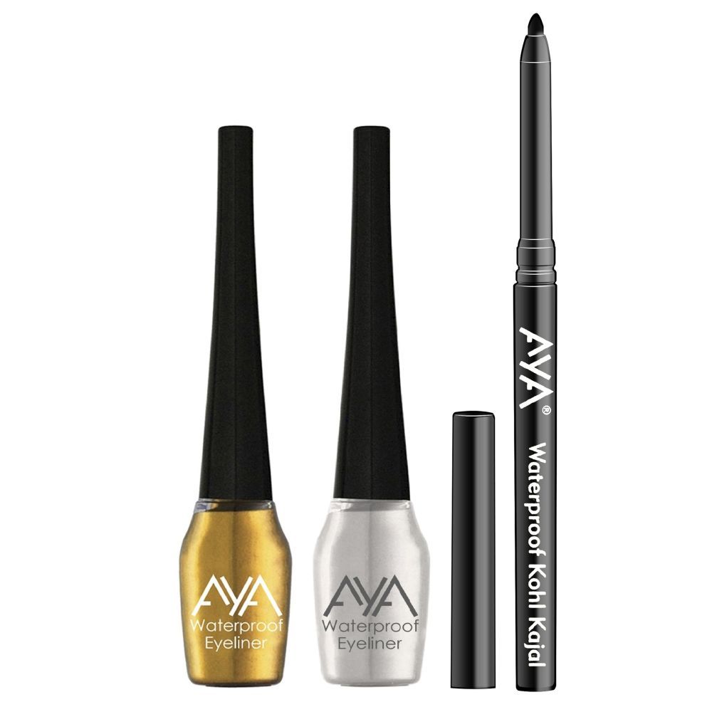 Buy AYA Waterproof Liquid Eyeliner, Set of 2 (Silver and Golden), 5 ml each + Jet black Waterproof Kohl Kajal - Purplle