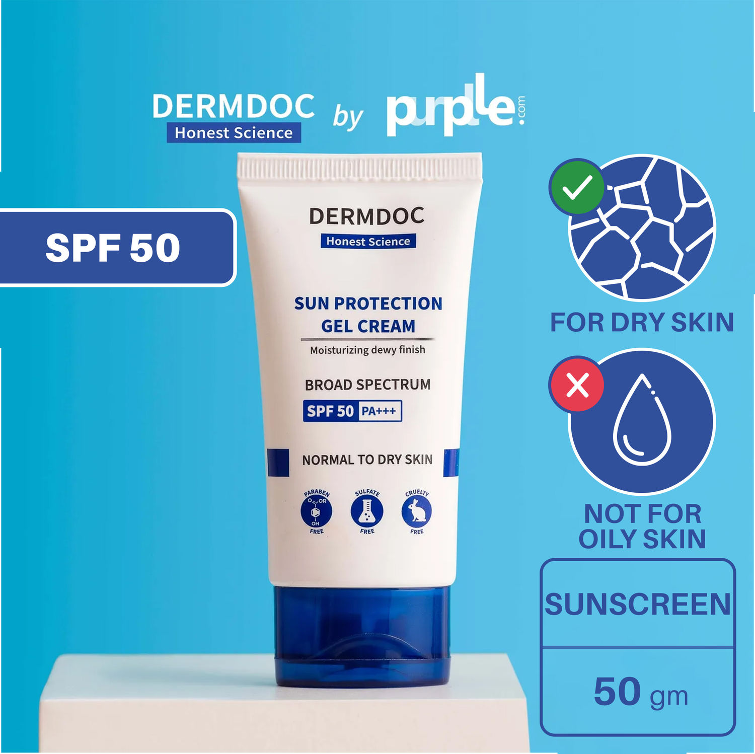 Buy DERMDOC by Purplle UVA & UVB Broad Spectrum Sun Protection Gel Cream with SPF 50 & PA+++ | tan removal cream | sun damage | sunscreen for dry skin | water & sweat resistant sunscreen 50 - Purplle