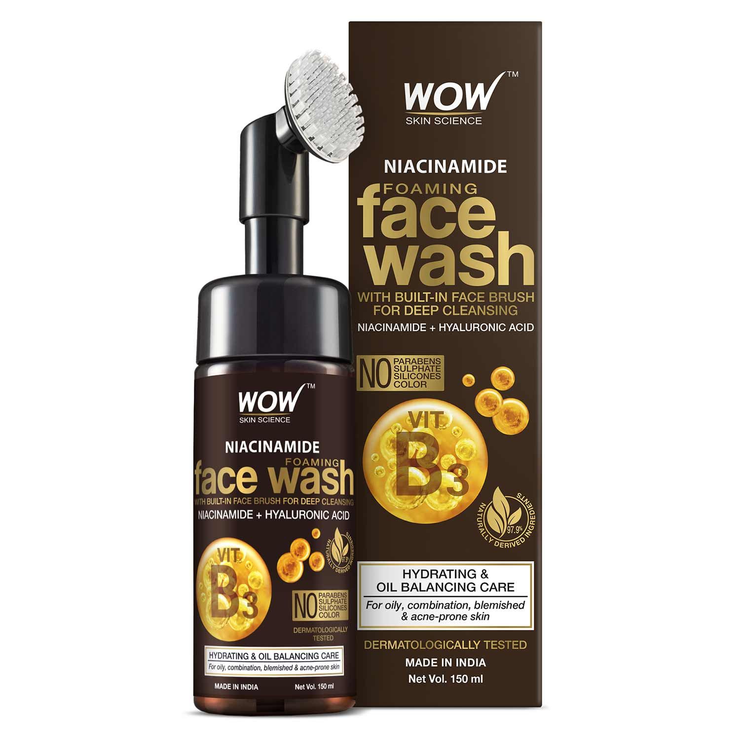 Buy WOW Skin Science Niacinamide Foaming Face Wash For Blemishes, Oil Control & Acne Spots - with Built-In Brush (150 ml) - Purplle