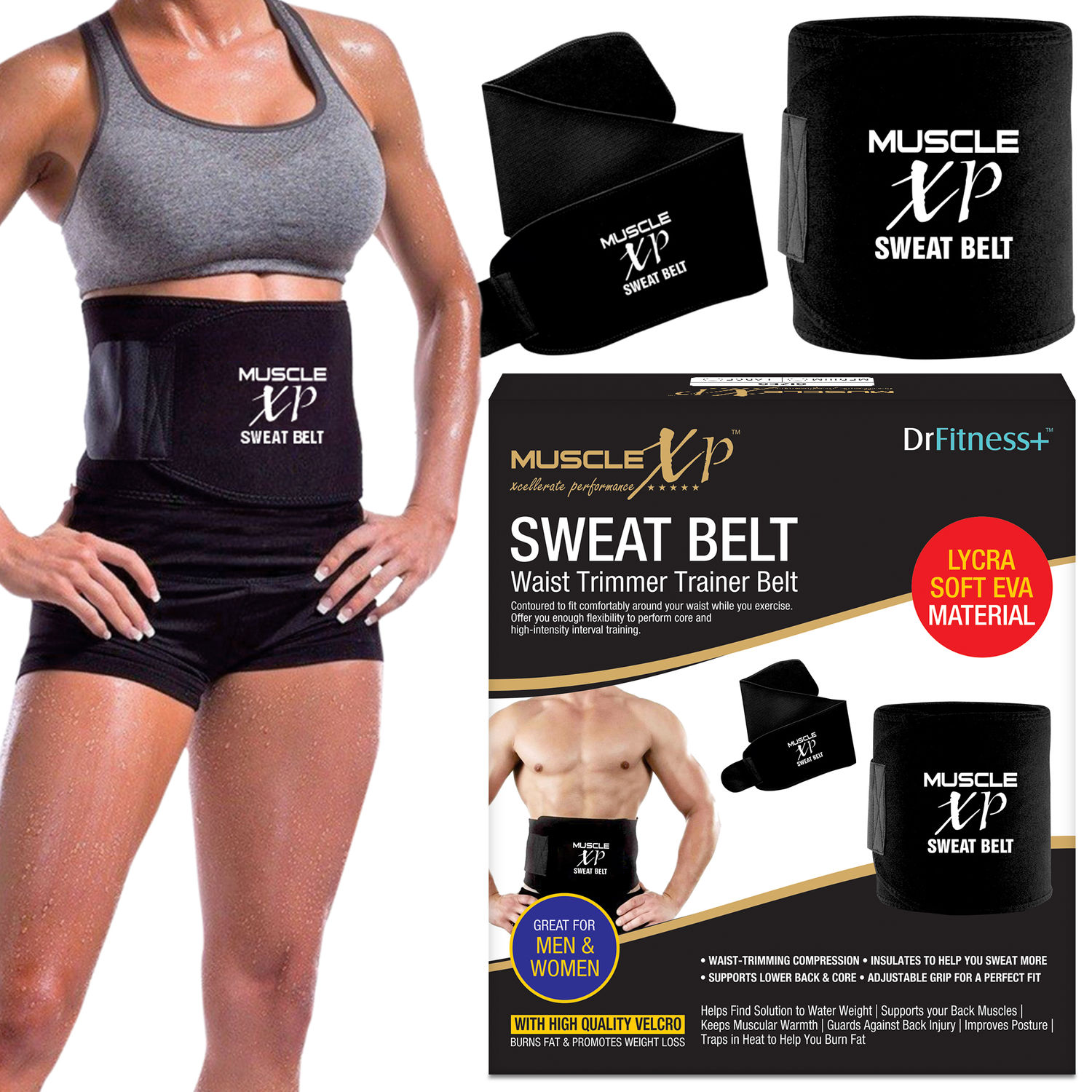 MuscleXP DrFitness+ Sweat Belt for Men and Women, Fat Burning Healthy Sweat,  Weight Loss, Non-Tearable, Tummy Trimming, 46 (Black)