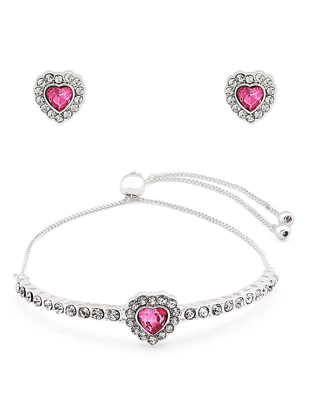 Buy Lilly & Sparkle Silver Toned Crystal Studded Bracelet And Stud Earrings With Pink Heart Stone - Purplle