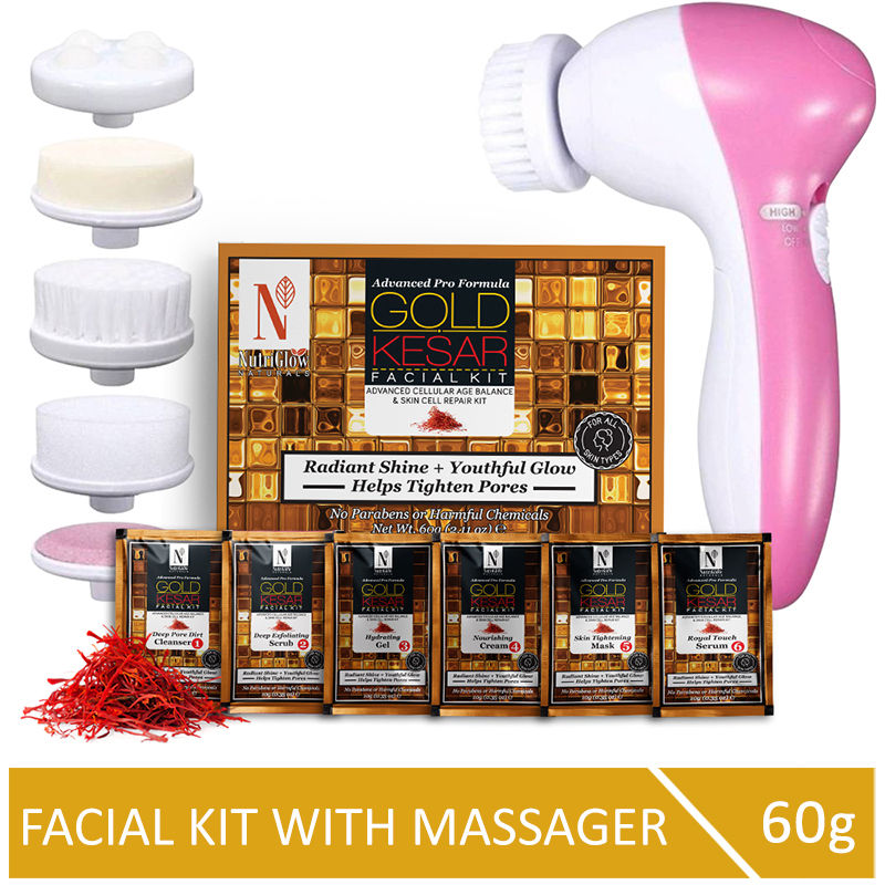 Buy NutriGlow NATURAL'S Advanced Pro Formula Gold Kesar Facial Kit (60 gm) with 5 in 1 Rotating Face Massager - Purplle