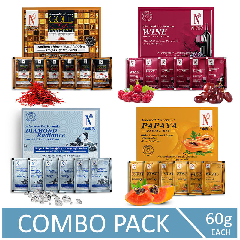 Buy NutriGlow NATURAL'S Advanced Pro Formula Pack of 4 Facial Kit: Diamond Radiance/ Gold Kesar/ Papaya & Wine Facial Kit, 60 gm each - Purplle