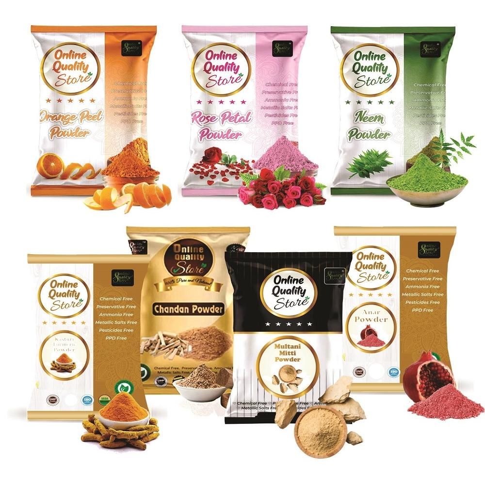 Buy Online Quality Store Multani Mitti 150g, Chandan Powder 50g, Orange Peel Powder 50g, Neem Powder 50g , Rose Powder 50g, Kasturi Turmeric 50 g, Pomegranate Powder 50g -450g{mitticombo_mitti_haldi_pome_(450g)} - Purplle