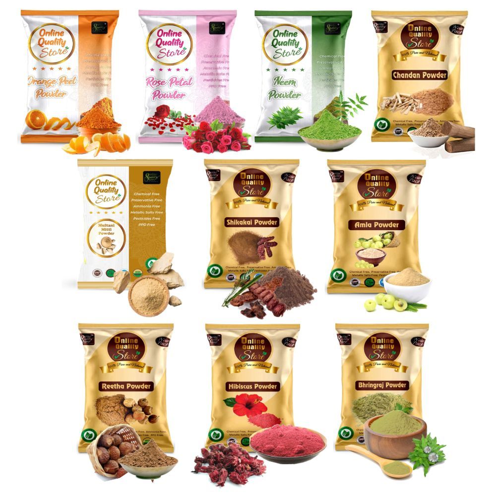 Buy Online Quality Store Face Care Powder Combo - 400 g (Set of 10) |Multani Mitti powder, Chandan, Orange Peel, Neem, Rose, Amla, Reetha, Shikakai, Bhringraj, Hibiscus{mticombo_hibiscscombo_40} - Purplle