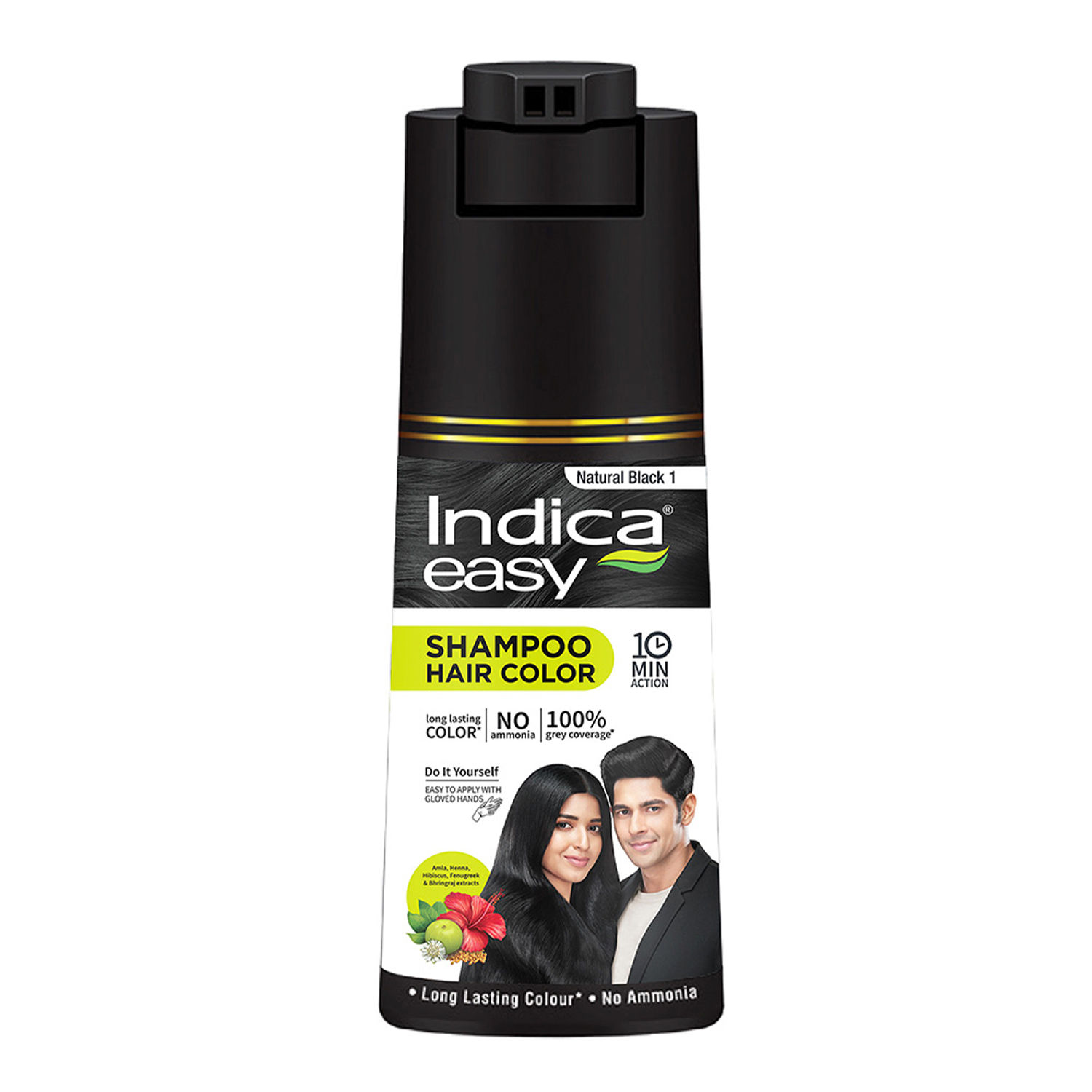 Indica Easy Do It Yourself Hair Color Shampoo Pump Pack with 5 Herbal Extracts and 100 Ammonia Free Long Lasting Formula 180 ML Natural Black Colour Gloves Included