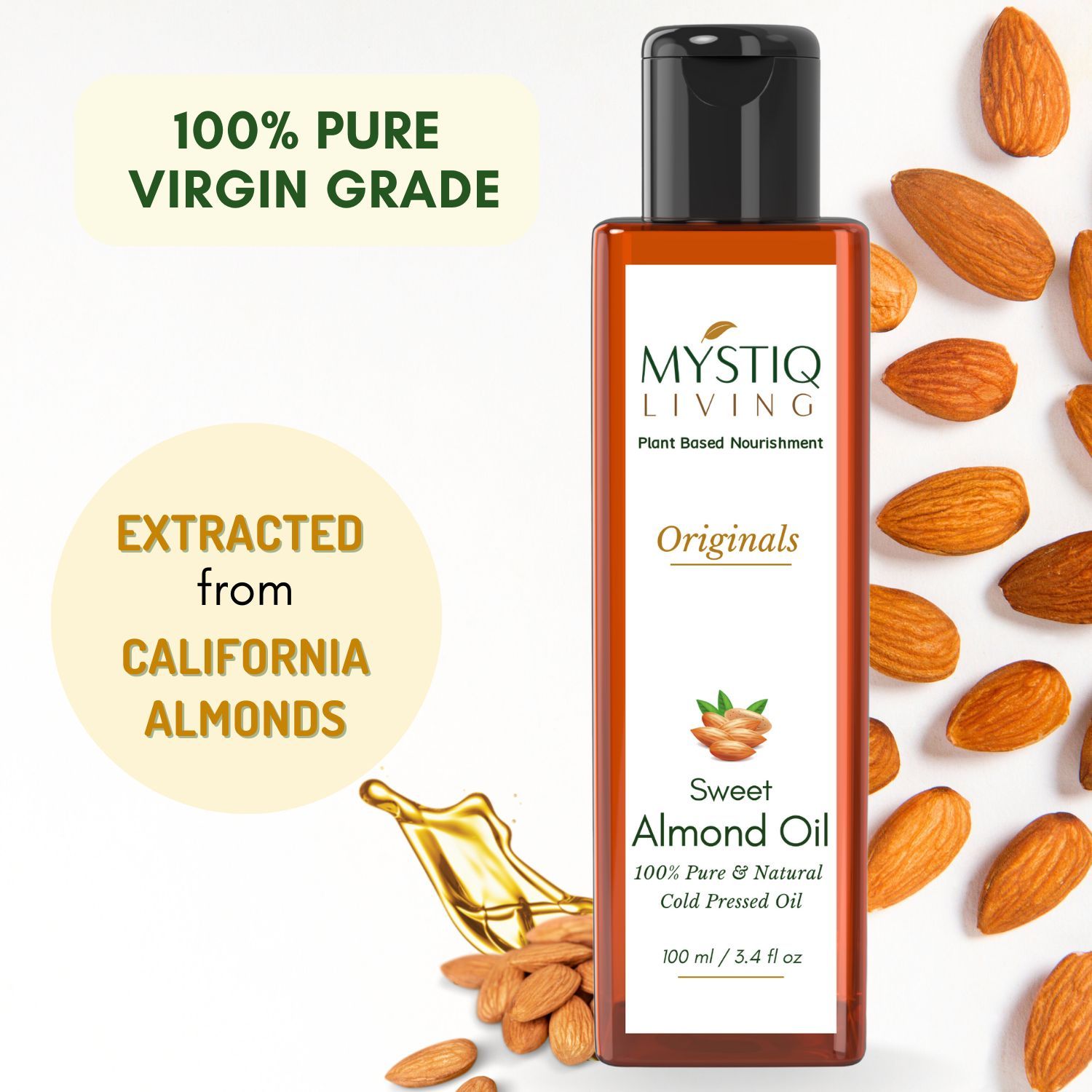 Buy Mystiq living - Almond Oil | Sweet Almond Oil | Almond Face Oil | Badam Oil | For Face, Hair, Skin & Baby Massage | Cold Pressed, Pure and Natural (Odourless) - 100ML - Purplle