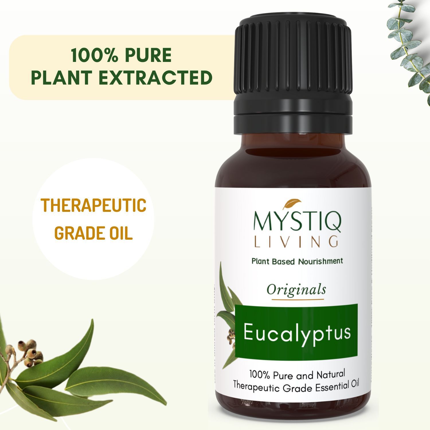 Buy Mystiq Living Originals - Eucalyptus Essential Oil 100% Pure, Natural, Undiluted & Therapeutic Grade for Hair, Beard, Skin, Face and Diffuser- 15ml - Purplle