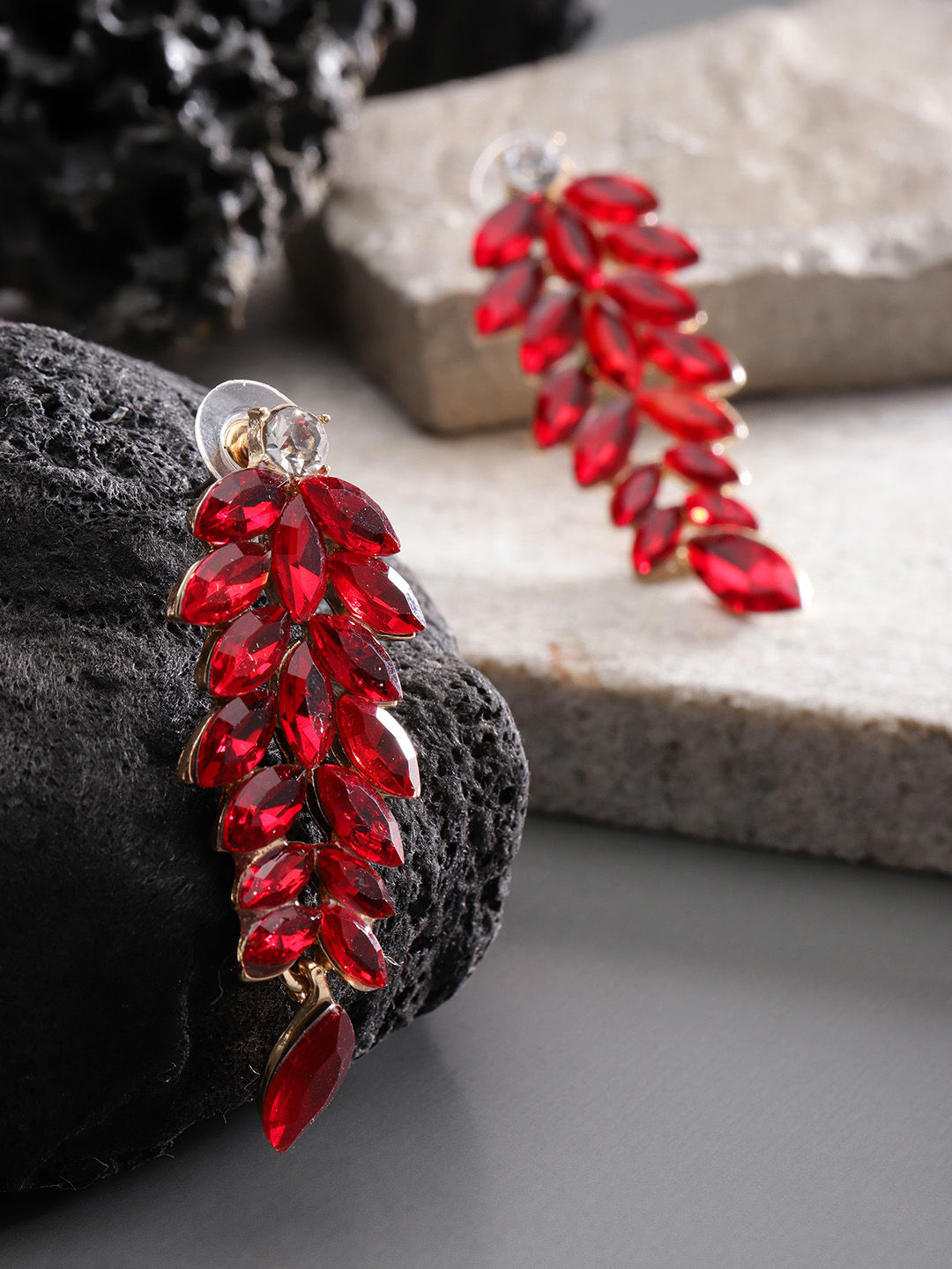 YouBella Red Gold Plated Leaf Shaped Stone Studded Drop Earrings