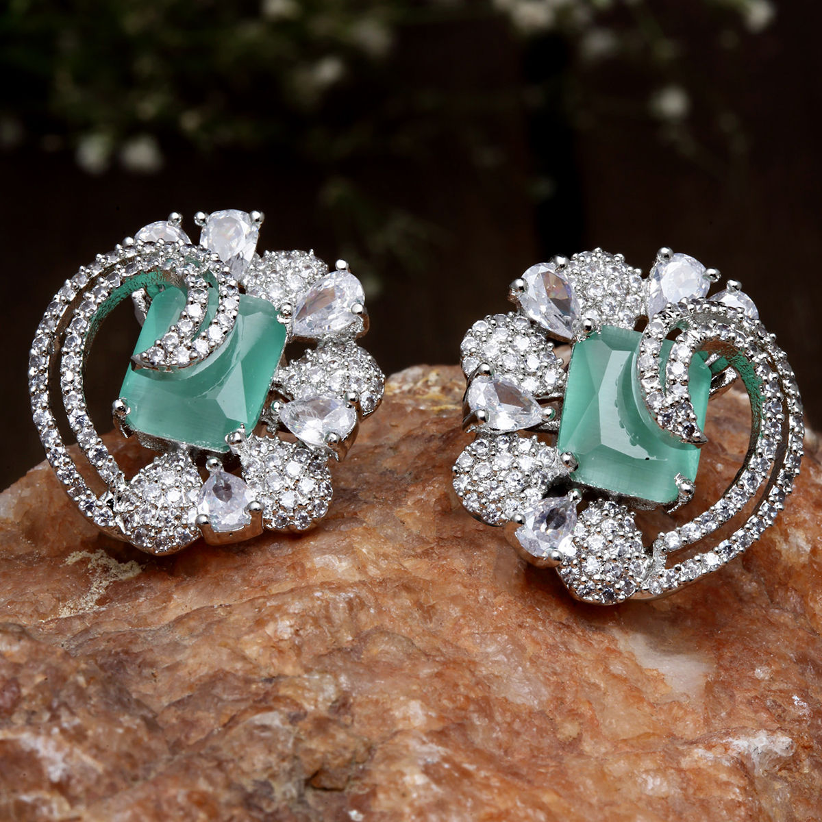 Karatcart Silver Tone Lime Green American Diamond Studded Stud Earrings for Women