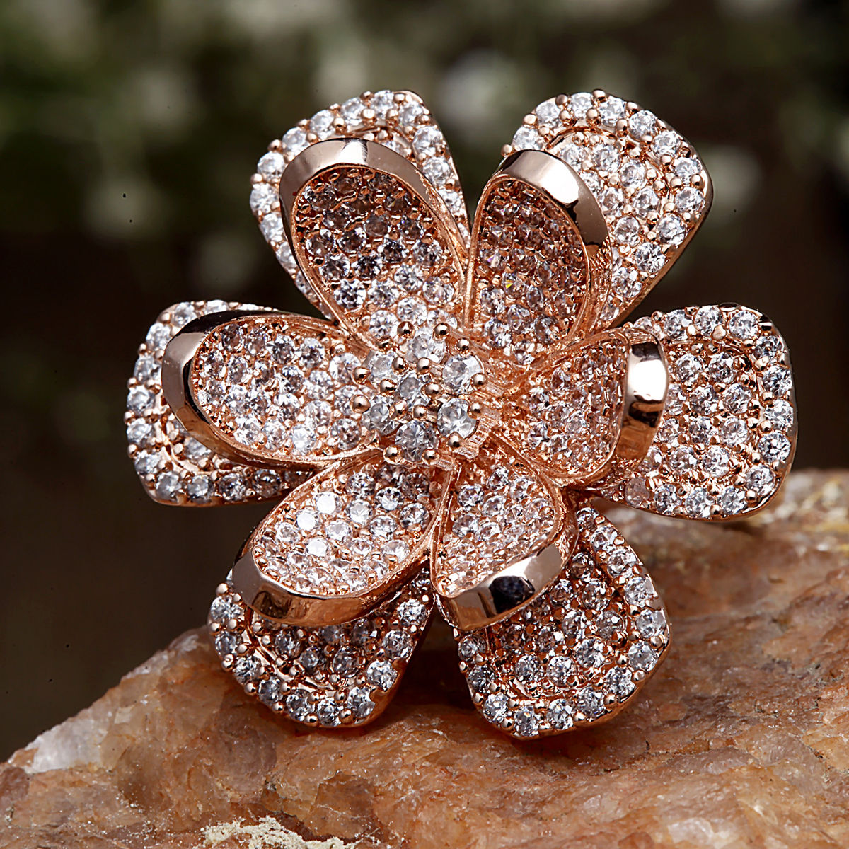 Karatcart Rose Gold Plated American Diamond Floral Shape Women s Ring