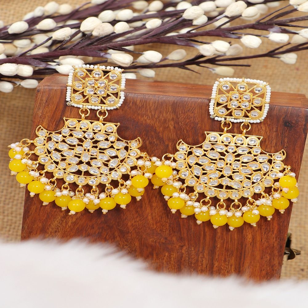 Crunchy Fashion Crunchy Fashion Ethnic Gold Plated Kundan Work Yellow Pearl Dangler Earrings RAE2103